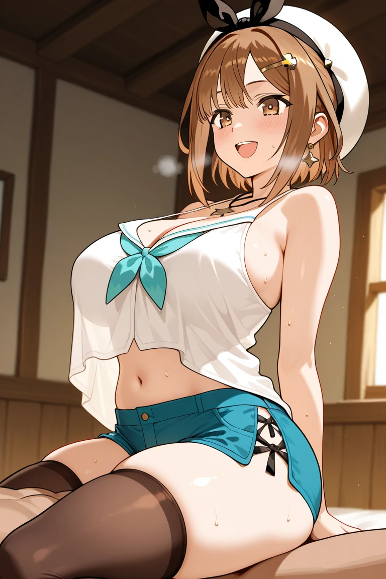1 girl, riser, ((white shirt)), ((blush:1.2)), huge breasts, Naughty big breasts, denim shorts, ((long slender legs)), ((thin waist)), thighs, beret, cowboy shot, Beautiful woman, pretty face, squint your eyes, Curvaceous, feel shy, sexy pose, Clothes are wet, weak woman