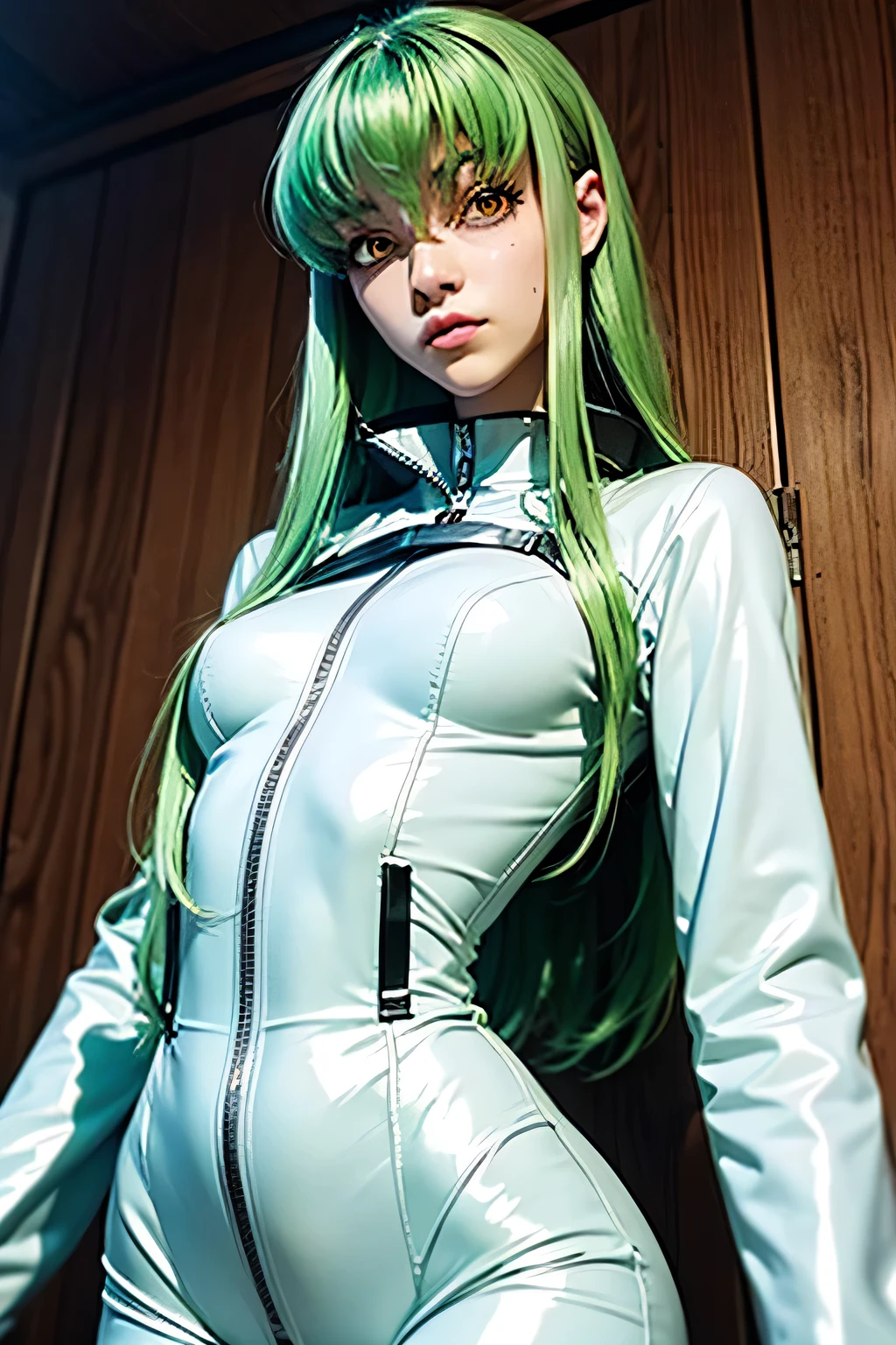 Sailor Neptune of the Fallen. female solo. Aqua color hair. Brainwashed eyes. A black mask that hides the eyes. Evil costume. nefarious smirk. Latex Costume. Full Body Stockings. Futuristic machine background.