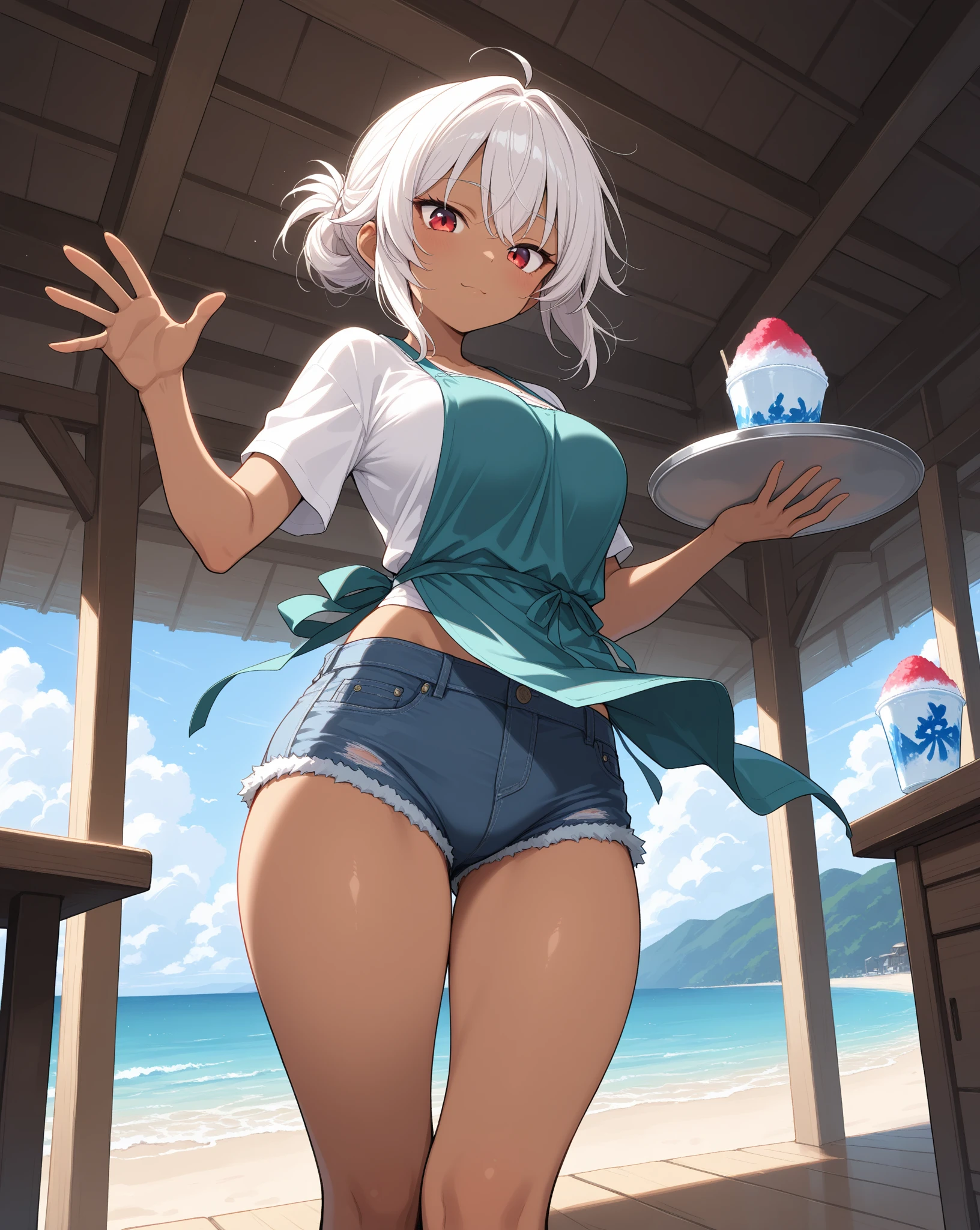 A woman with dark skin and silver hair in a ponytail wearing a swimsuit Belly button showing Beach House Grilling yakisoba noodles