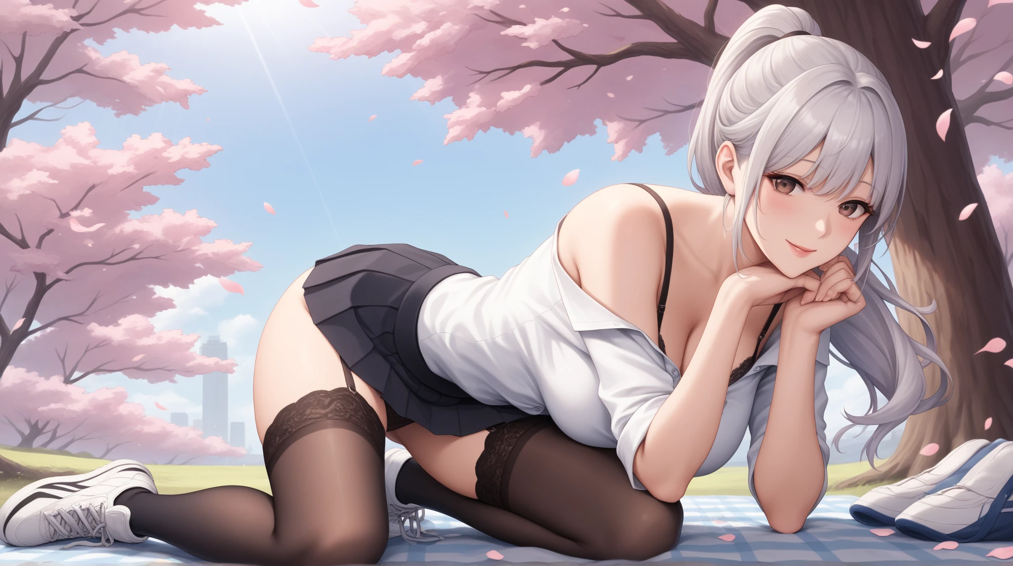 masterpiece, best quality,girl, solo, white hair, black hair, multicolored hair, x-shaped pupils, black eyes, solo, cherry blossoms, hanami, pink flower, white flower, spring season, wisteria, petals, flower, plum blossoms, outdoors, falling petals, (large breast),thick thighs, ,undersized clothes,((white jacket,cleavage,bra,clothing malfucntion,exposed bra,black leggings, black with red accent pleated skirt)),commercial photography,at night, lights, High Detail, Sharp focus, (photorealism), realistic, best quality, 8k, award winning, dramatic lighting, epic, cinematic, masterpiece, rim light, ambient fog:1.3, dutch angle, depth of field,8k uhd, high quality, motion blur, depth blur, cinematic, filmic image 4k, (unlit face:1.4), (unlit:1.3), (full body shot:1.1), (very dark:1.1, underexposed:1.1),(skindentation,blush,suprised face:1.5),commercial,at night, lights, High Detail, Sharp focus, (photorealism), realistic, best quality, 8k, award winning, dramatic lighting, epic, cinematic, masterpiece, rim light, ambient fog:1.3, dutch angle, depth of field,8k uhd, high quality, motion blur, depth blur, cinematic, filmic image 4k,