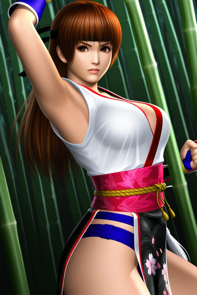 best quality, high resolution, best quality, high resolution, (huge breasts:1.2), (leaning forward:1.2), sky, (from side), 1girl, kasumi, white tunic, pelvic curtain, pink obi, cleavage, bridal gauntlets, elbow gloves, red choker, (blush, embarrassed), smile, looking at viewer