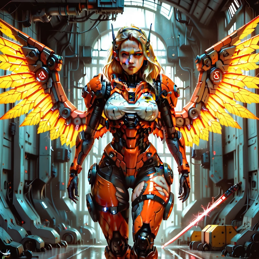 Concept Art、Science Fiction、((Inspired by imeon Solomon )), Cyborg Angel、eden, Sky mountain view, Orange cloud. Shining fluorescent feeling，transparency，Textured Matte，Rose red，blue， (best quality,4K,8k,highres,masterpiece:1.2),(realistic,photorealistic,photo-realistic:1.37),