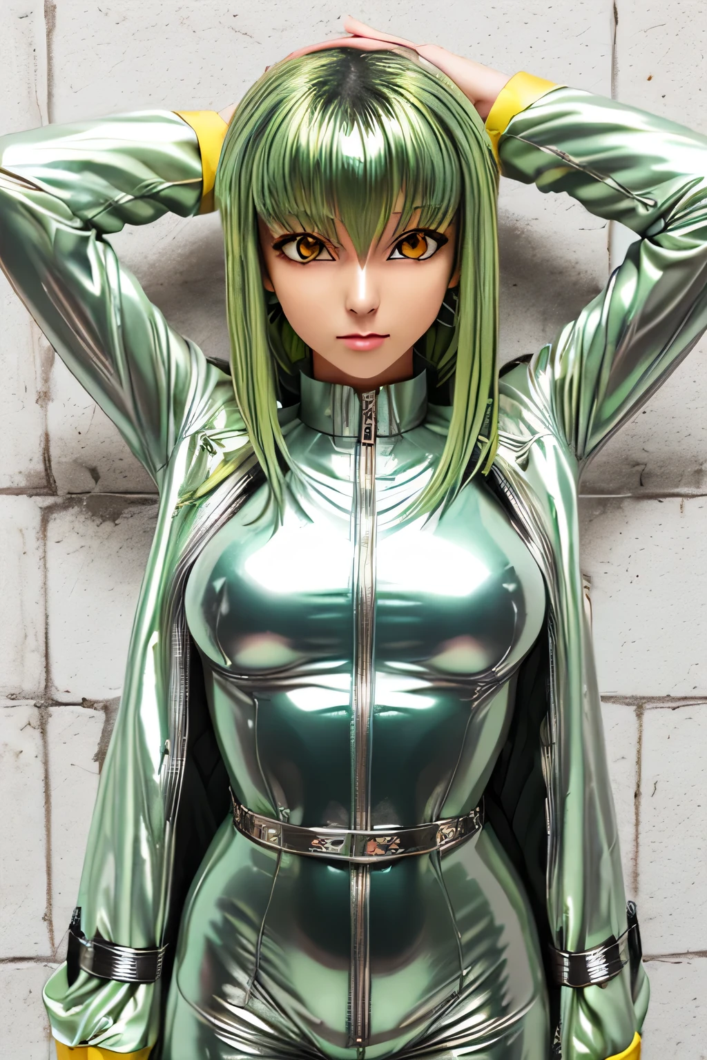 Completed Highest Quality, highest resolution,(((white straitjacket with metallic luster bodysuit shiny green hair long hair yellow eyes shiny skin sweat))) C.C cool