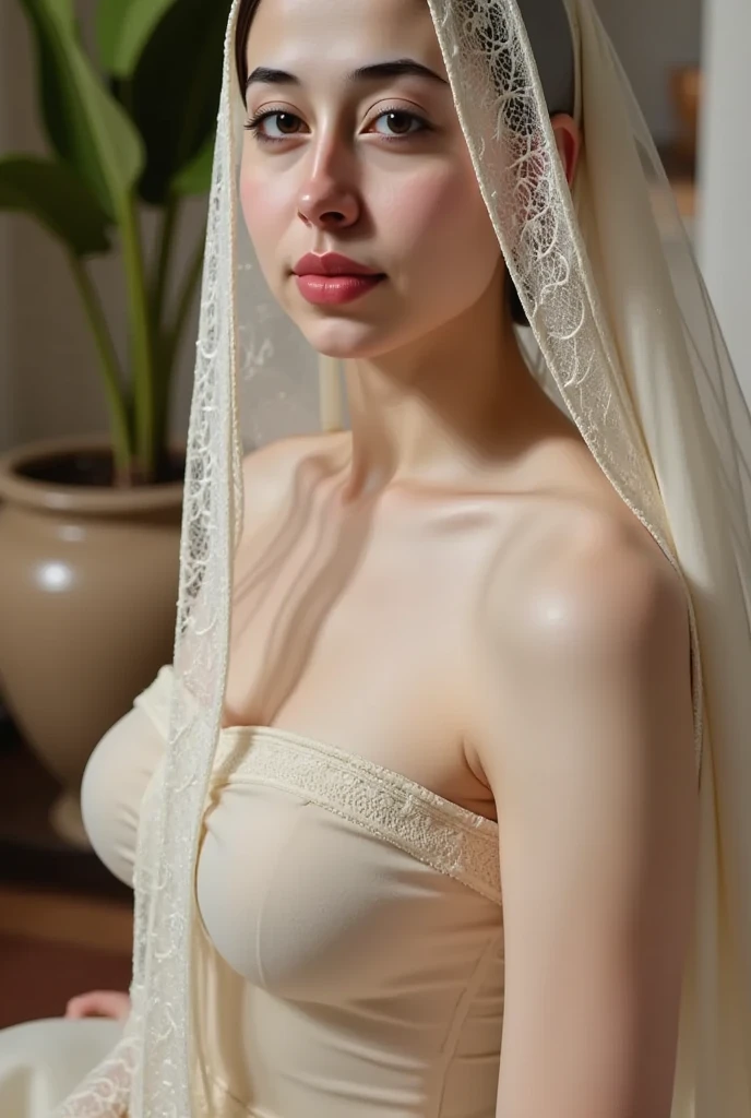 Beautiful girl with cute face,veiled, naked, squeeze breasts, full body, showing off pussy