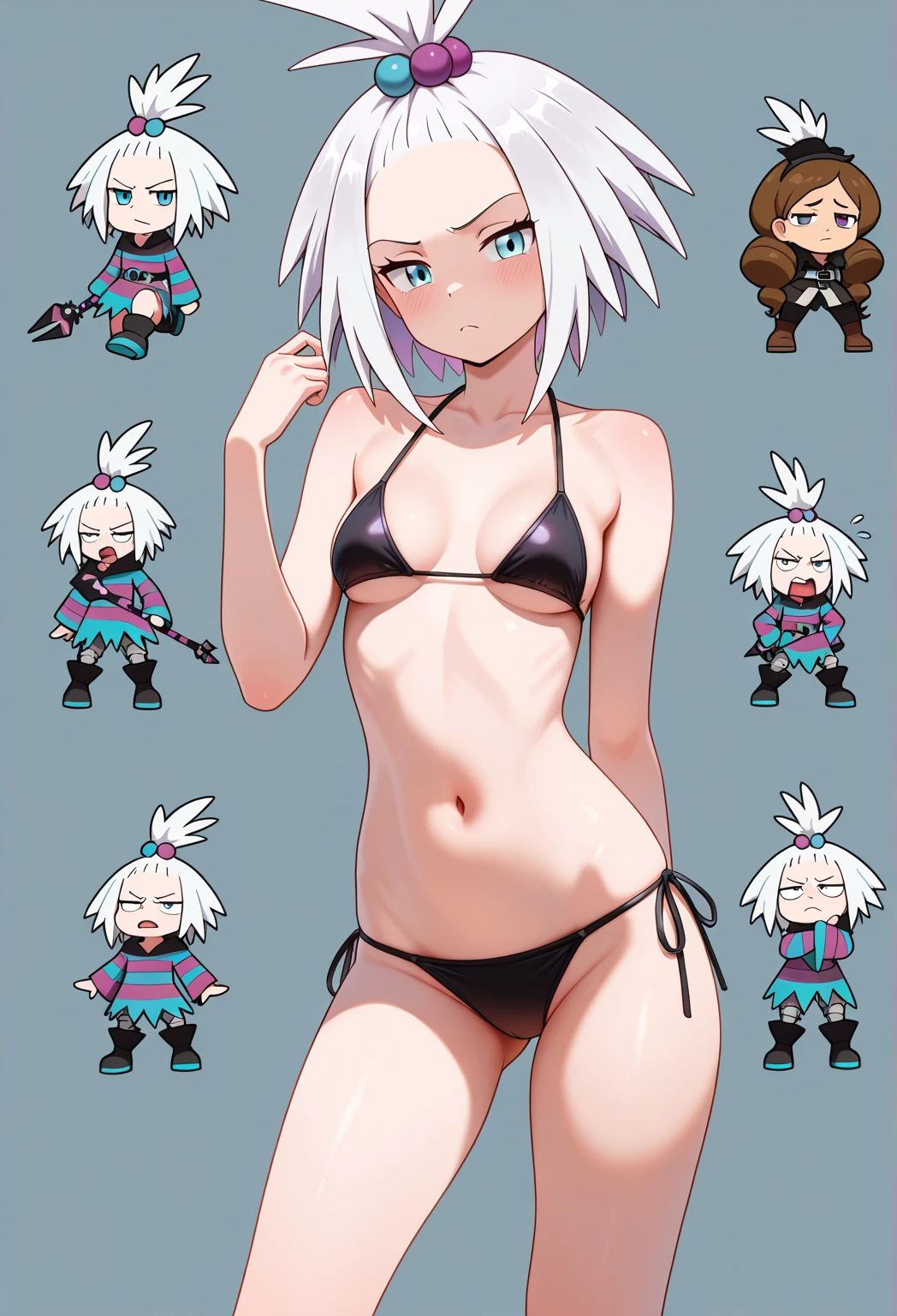 (Masterpiece, plain background:1.2) Female full body, standing straight symmetrical barefoot together, dark elf, dark skin, long messy white hair, short elf ears, circlet, yellow eyes, 1990s (style), female 1sologirl slingshot micro bikini, bare handcuffs, shackles wristbands, bracers, bracelets