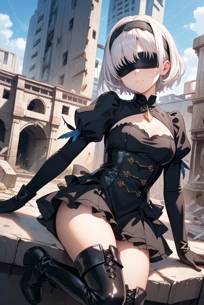 90s Cartoon art style, girl, source_anime, 2b,yorha no. 2 type b,short hair,white hair,hairband,mole,black hairband,mole under mouth,blindfold,covered eyes,black blindfold,
gloves,long sleeves,dress,puffy sleeves,black dress,clothing cutout,cleavage cutout,juliet sleeves,feather-trimmed sleeves,
outdoors,wasteland,
solo,dutch angle,looking at viewer,cowboy shot, best quality, masterpiece, very aesthetic, perfect composition, intricate details, ultra-detailed