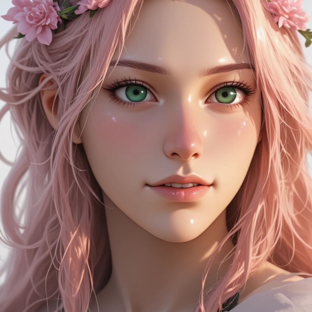 (masterpiece, best quality), intricate details, thin, ((slim)), beautiful girl, Light pink hair, white skin, light purple eyes, sharp jawline, Looking forward in serious, Dress , messy hair, lips, upper body, smirk, Green background, Face with an expression of doubt.