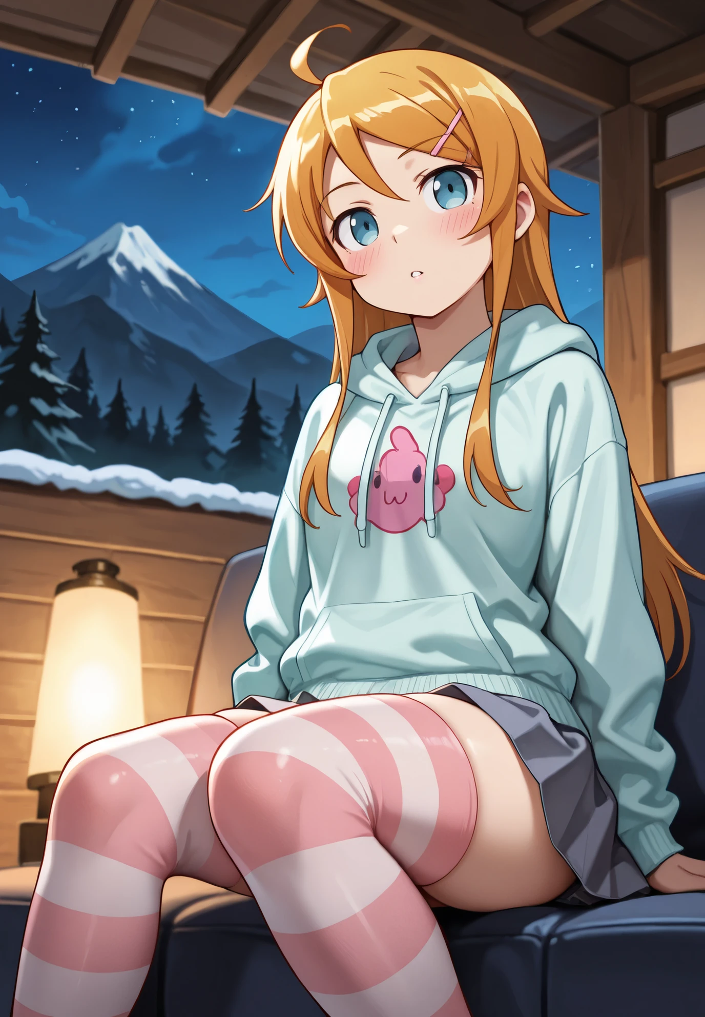 solo, kemono, female, blonde hair, light blue eyes, wear pink bunny hoodie, wear white panties, wear gift on head, left hand grabbing ice cream, blushes, look at camera, smile, sitting in park, park background, night time, snow season