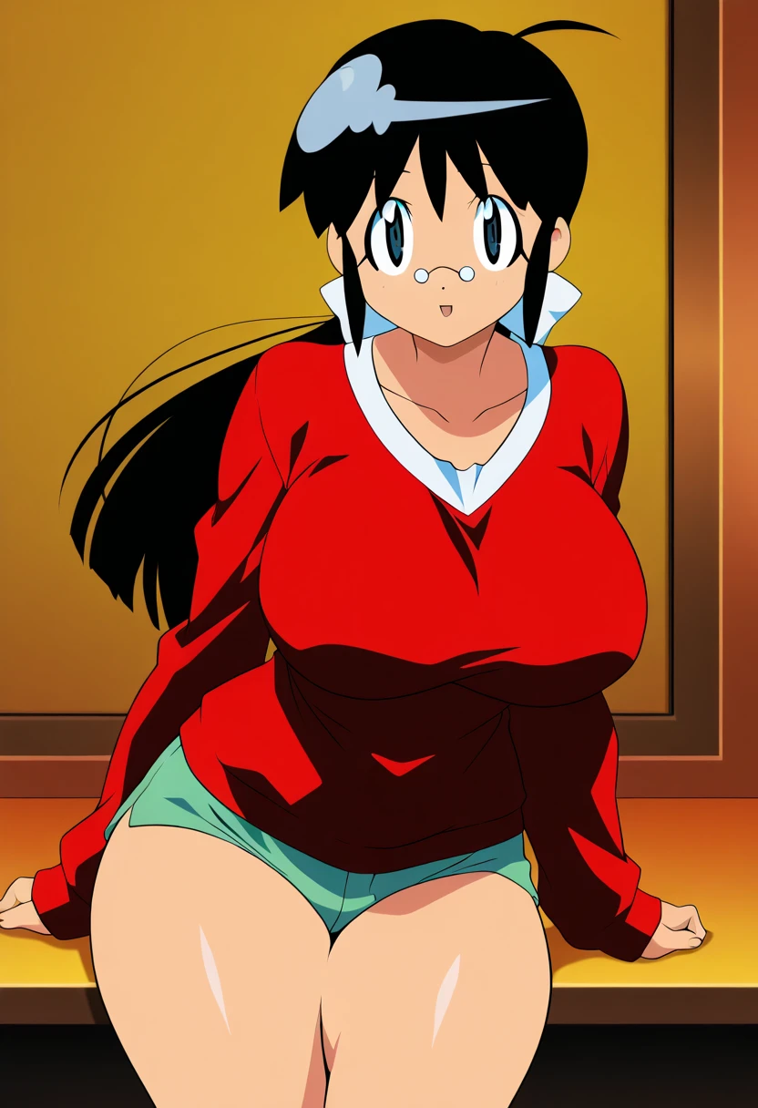 woman, solo, (masterpiece), best quality, ultra-detailed, curvy, red dress with puffy red sleeves, caramel-brown skin, tan skin, long and wavy brown hair, bright green eyes, style, full body. simple red dress. happy, smiling, thigh-length hair, woman. Brown long hair. Green innocent-looking eyes. Red dress. Curvy figure. Tan skin. Caramel-brown skin.