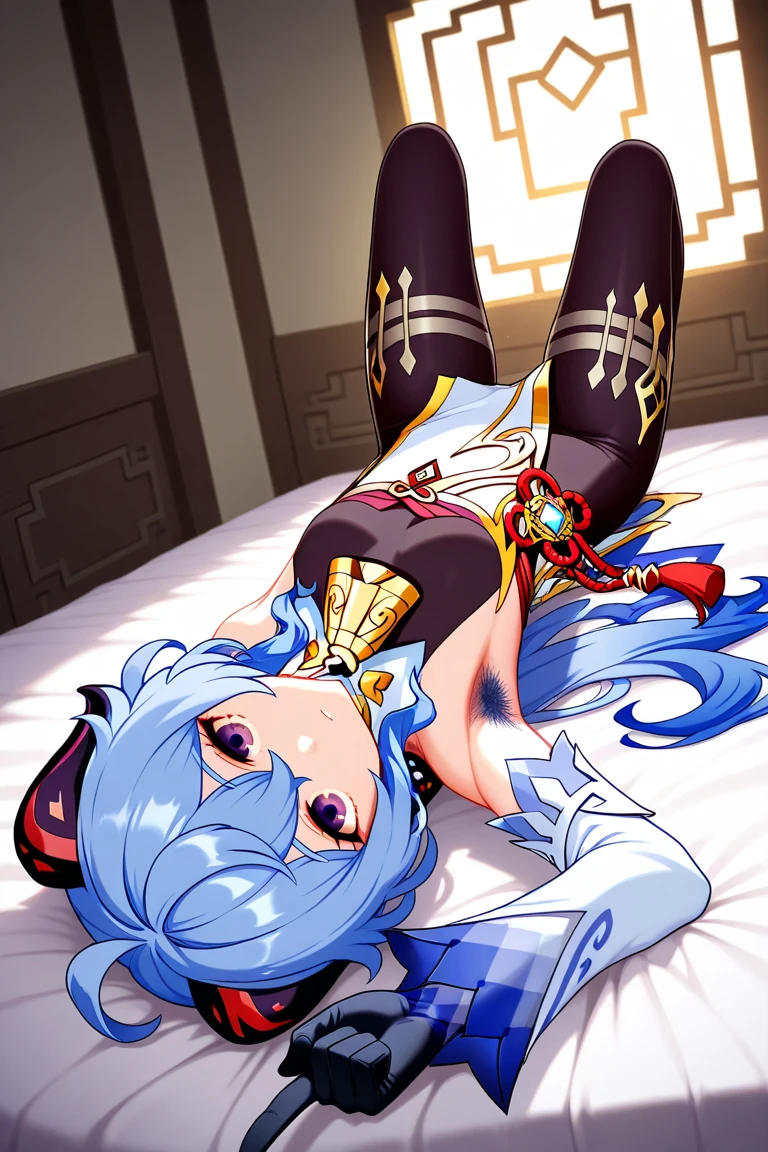 Milky viscous liquid, colored hair, female, unclothed, sleeves, sweat, beautiful eyes, sleeves, sweat, angle, blush, looking down, stockings, forked hands, close up, not worn underneath, exposed, open legs, bed, all over, tattoos, sweat, tongue sticking out, breasts --auto --s2