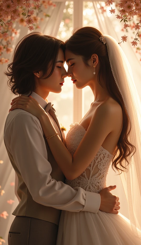 (masterpiece, highest quality, official art, beauty and aesthetic), two stunning bride is deeply in love with each other, kiss, fantasy of the situation
