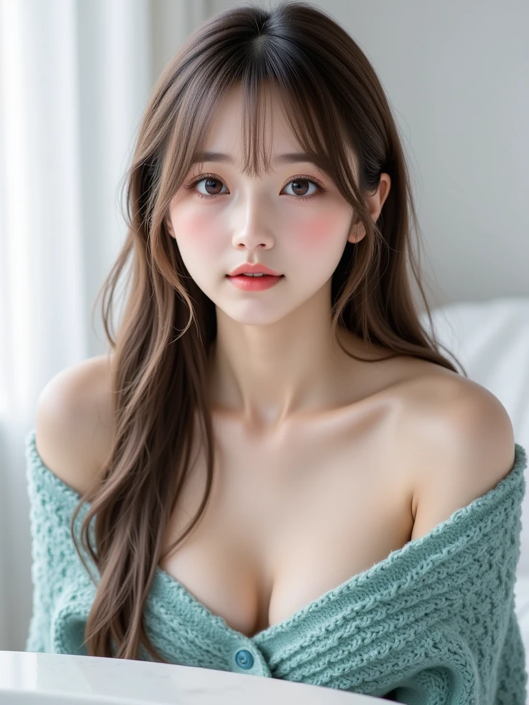 (masterpiece, highest quality, Realistic, High resolution, photograph, :1.3), Waist up pose shot, Sharp focus, One dark brunette girl, Japanese girl, Hot Model, Highly detailed eyes and pupils, Realistic Skin, Slim figure, Neckline, Highly detailed hair, Delicate face, Sensual look, Bright lips, ((Wearing an oversized, loose off-the-shoulder shirt)), indoor, whole body,