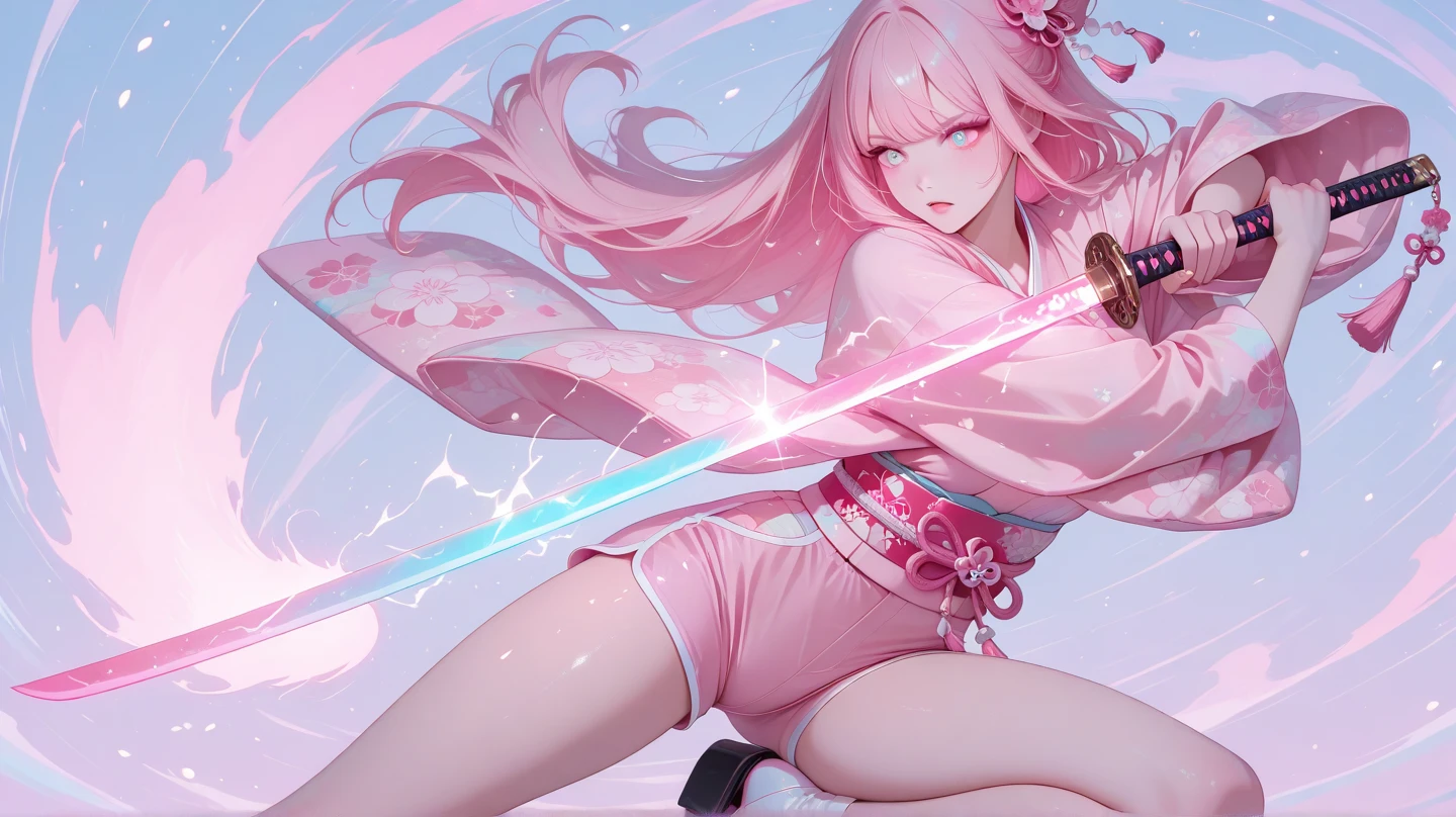 Anime drawing of a woman in a special beige costume with black details and a shiny mysterious symbol in pink black and pink hair long straight hair holding two pink katana swords teacher glasses ballet pose, in a destroyed city classic anime bayoneta