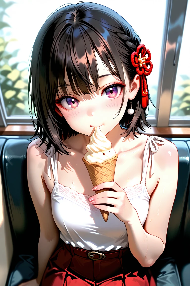 konosubaMegumin, Megumin, short hair, Black Hair, (Red eyes:1.3), short hair with long locks,happy smile, smile, Open your mouth,Tank top shirt with open mouth,Shorts,barefoot,barefoot,Holding and eating ice cream with right hand,Sitting on the sofa,whole bodyがイラストに入るように,morning,morning陽,The sun is rising,
break indoor, room,
break looking at viewer,whole body, (Cowboy Shot:1. 5)
break (masterpiece:1.2), Highest quality, High resolution, unity 8k wallpaper, (figure:0.8), (Beautiful attention to detail:1.6), Highly detailed face, Perfect lighting, Highly detailed CG, (Perfect hands, Perfect Anatomy),