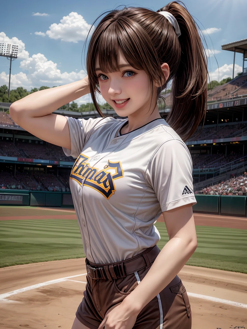 Highest quality, Highest quality, 16K, Unbelievably absurd, Very detailed, delicate and dynamic, Natural light, The particles reflect the rainbow colors, Diffuse reflection of light, Vortex of Light, Lots of rainbow-colored confetti falling, beautiful baseball field, night, illumination, Create amazing image effects, , (sole sexy girl, Firm bust, Idol singer, First pitch, pitcher, pitching, Baseball uniform,)