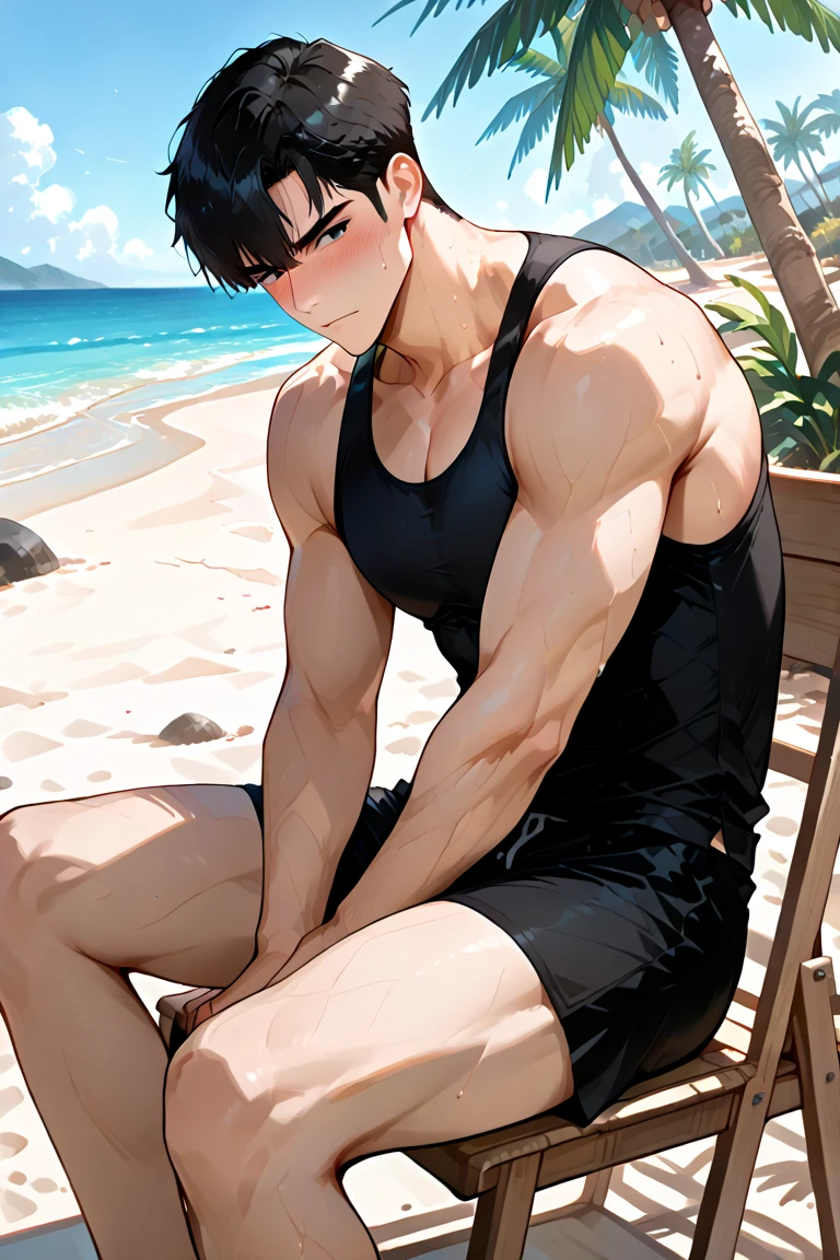 Very detailed black hair boy, detailed realistic blue eyes, muscular, shirtless, wearing short red shorts, wearing a cap, barefoot, sitting on a bench on the beach 