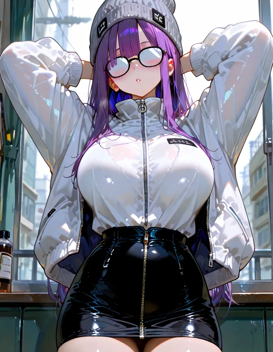 A pink haired woman with violet eyes with an hourglass figure with glasses in a cute sweatshirt dress is drinking on an balcony at night