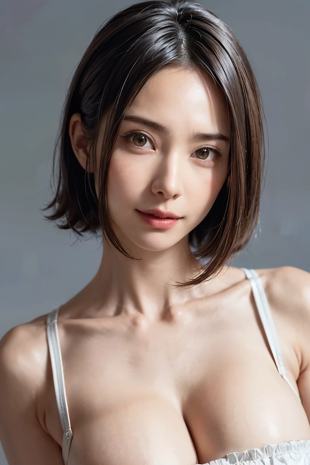 SeaArt Bot Variations 13:44:05 ((Masterpiece, Best Quality, High Definition)), 1 Girl, (Photorealistic: 1.4), Solo, White Background, Pure White Background, Mouth Closed, Happy Smile, Happy Smile, Pretty Black Hair, Short Hair, Big Eyes, Clear Double Eyelids, Eyelashes, Ears Out, Long Neck, Absolute Area, Skirt, ((Face Close-Up) ), (draw all head, shoulders), 19 years old, attractive proportions, shiny skin, clean collarbone, face in golden proportions, perfect face, tearful mole, mole on chest, bangs, clean bangs, lip gloss, thin lips, pale skin, naked