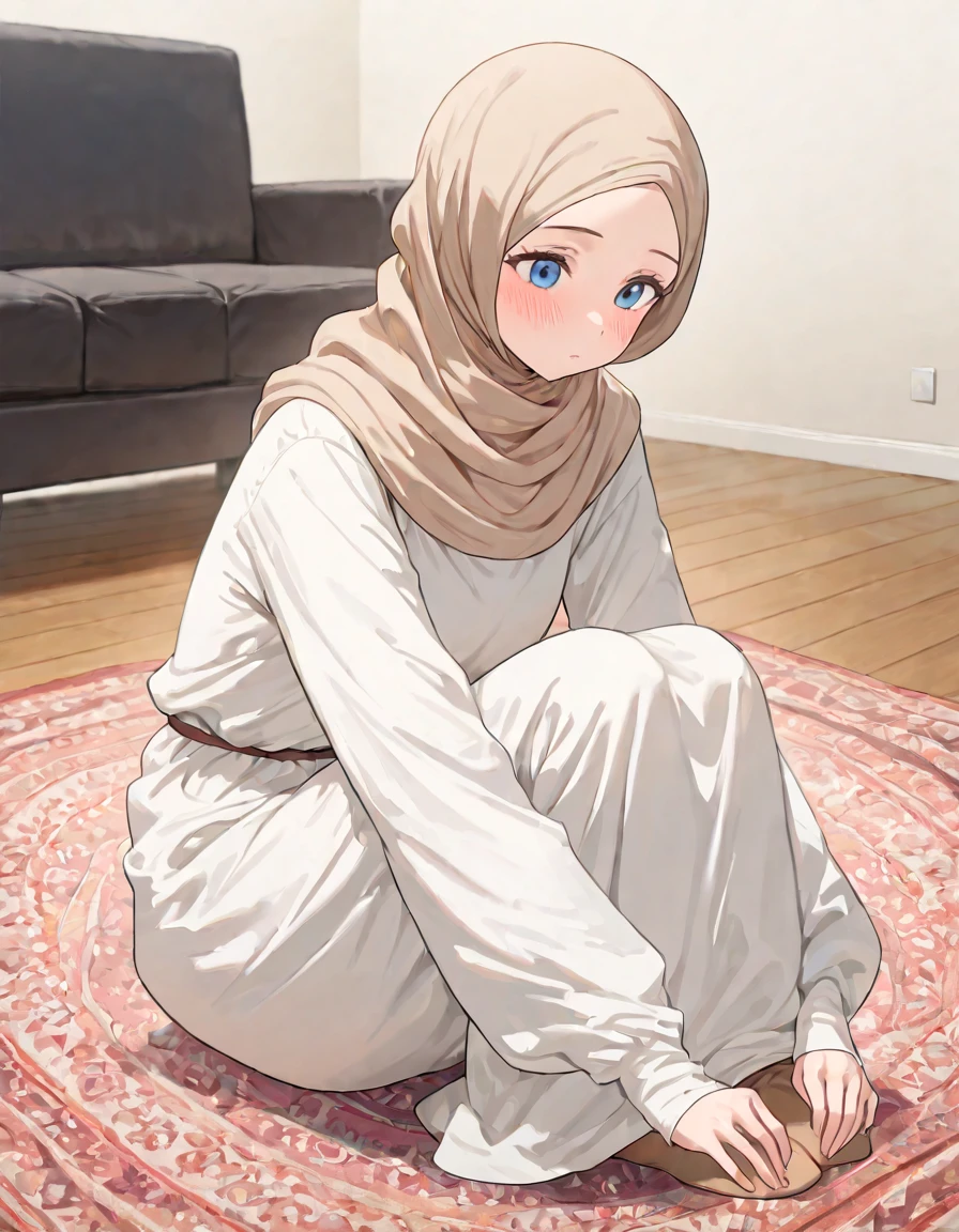 A beautiful young barefoot hijabi woman, wearingmodest grey clothes, a grey facemask and a grey synthetic hijab, blushing.