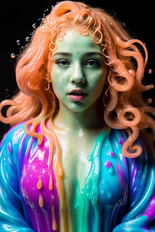(portrait shot, ultra-detailed, best quality, photorealistic:1.37, 4k, realistic, portrait photography, jiggling female, curly redhead, dressed with jelly, slime, fluid, dense fluid, wet, neon lights, iconic pose, very dark, low key, detailed facial features, pink fog, vibrant colours, slime background, 35mm)