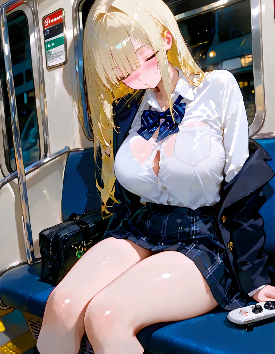 nsfw,(best quality, masterpiece, ultra highres, ultra-detailed:1.2) , uncensored, one girl, bob cut, Japanese girl, solo, sleeping face, sleeping, Dozing off, closed eyes, open mouth, (tilt her head:2.0), sloppy, vulgarity, fullbody, kawaii, school-uniform, serafuku,white blouse, darkblue pleated skirt, brown loafers, school bag, sitting chair, under skirt, underwear, (panties visible:1.1), pantyshot, train interior, sitting, front view of front seat, looking at viewer, (night:1.5), wetting panties, wet spot on panties, dark spot on crotch, peed her panties, panties dripping, dripping down in seat, (huge pee puddle in seat and floor:1.2), sitting on a pee puddle,