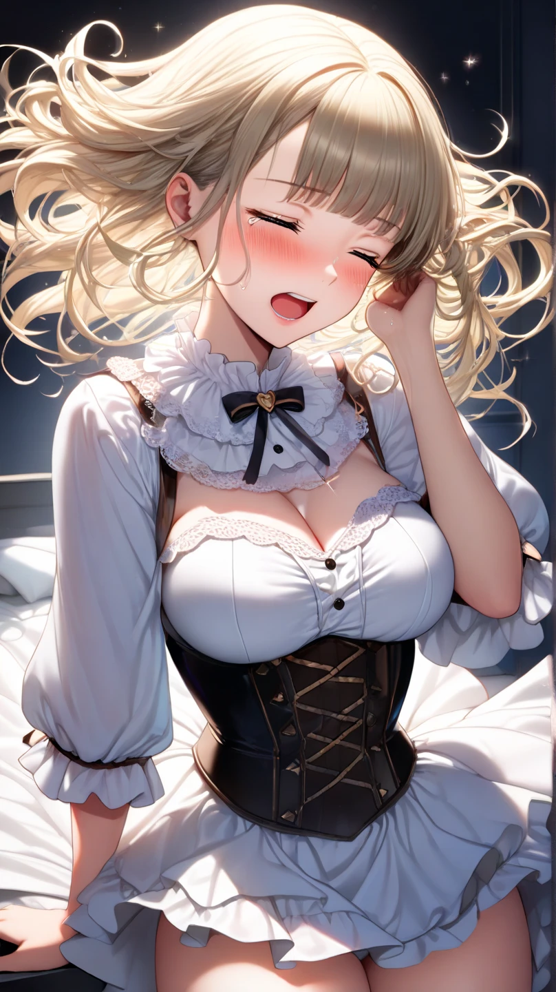 masterpiece, best quality, 1 solo girl, light brown hair, green eyes, short hair, medium breasts, sexy body and face, wavy hair, smile, early 1800s modest dress with silk or cotton, bonnets, corsets with aristocrat status, shawls, white gloves, high necklines, long sleeves, and a fitted bodice with a full skirt, under tied the chin, with ribbons, pendant, bracelet, jewelry, earrings, feather hair ornament, book, lying at the bed, night, sexy pose, cowboy shots, detailed body, face, and eyes, sharp focus, vibrant, creative, dynamic, high definition, high resolution, 8k, (Upscale: R-ESRGAN 4x+ Anime6mage enchance:4x), voluptuous body, cinema lightning, dakimakura style, looking at the viewer,