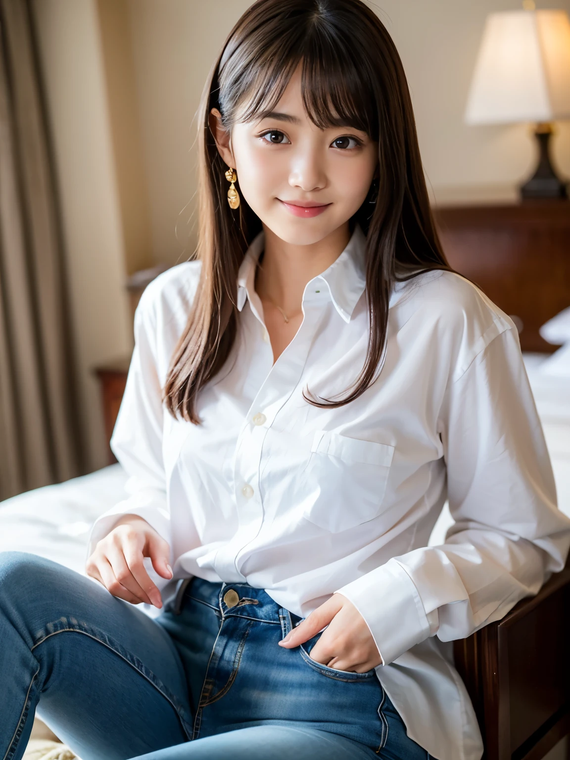 ((long business dress shirts,closed buttons,lace panties)),living room,smiling,hand up,(8k, RAW photo:1.2)detailed face and eyes,,best quality, ultra high res, intricate detail ,masterpiece ,ultra-detailed ,cute girl , intricate detail, hyperdetail, masterpiece,sharp focus,,smiling、forward leaning posture