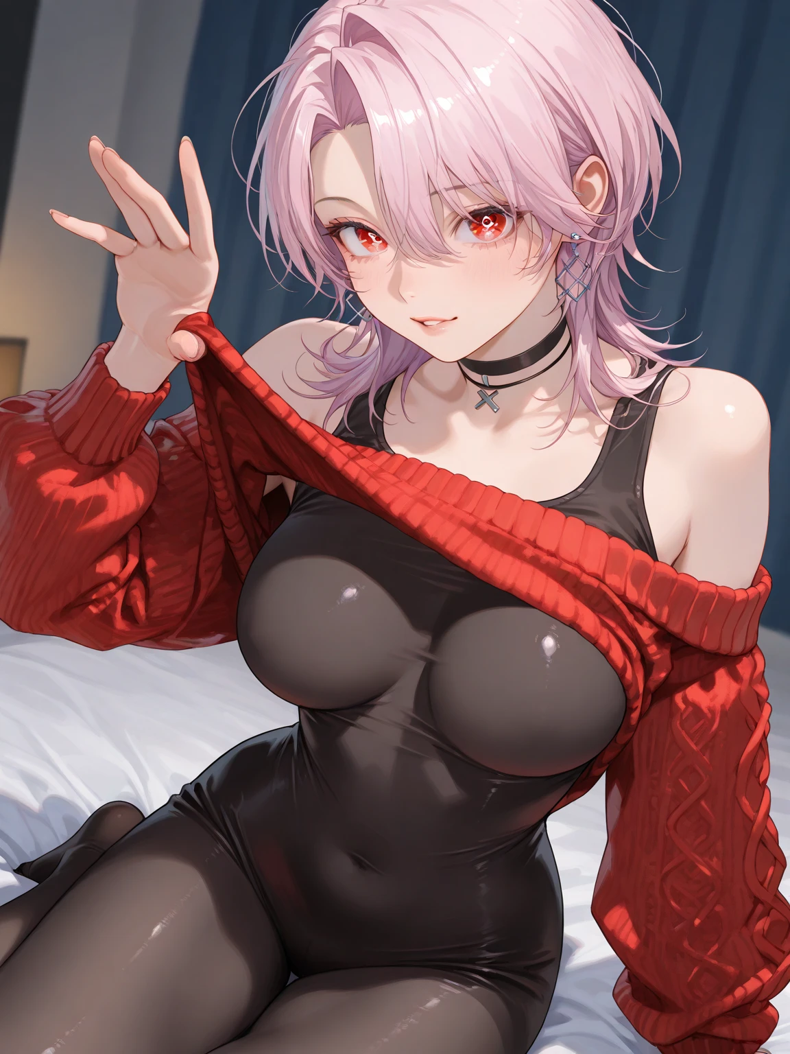 1girl, black dress, black eyes, pink hair, navel, indoors, bed, blush, tied