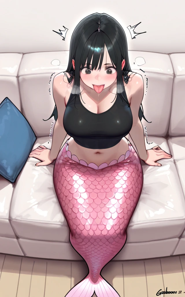 Lamia, black scales, blue eyes, brown shirt, brown hair, double d , lustful pose