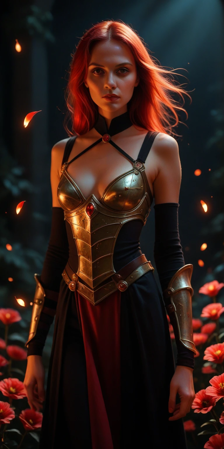 Sorceress, Scarlet hair, piercing blue eyes, black and gold clothing, fire