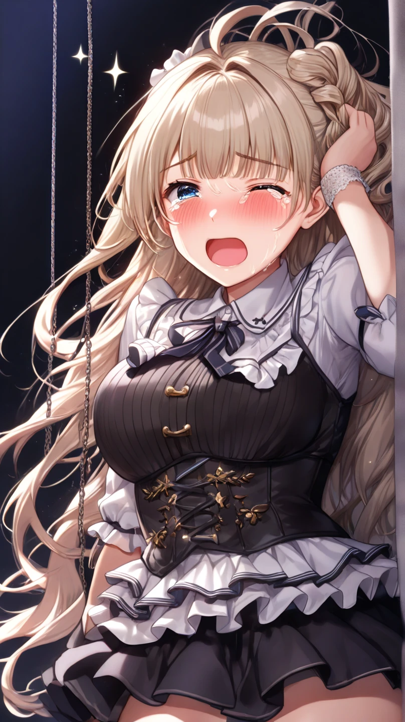 (girl in bed),(straitjacket),(gagged),(tied tightly with big ropes),(dark, moody lighting),(detailed face),(vivid colors),(anime style),(soft, warm color tone),(best quality, highres),(detailed bedroom setting),(dreamlike atmosphere),(illustration),(beautiful, expressive eyes),(long hair),(pale skin),(peaceful expression),(comfortable, cozy environment),(fantasy theme),(magical elements),(ethereal glow),(mysterious shadows),(implied narrative),(serene mood),(fine artistry),(attention to textures and details),(subtle gradients),(harmonious composition),(gentle, diffused light),(dreamy, surreal vibes),(intense emotion),(imprisonment motif),(resilience),(empathy),(release),(hope)