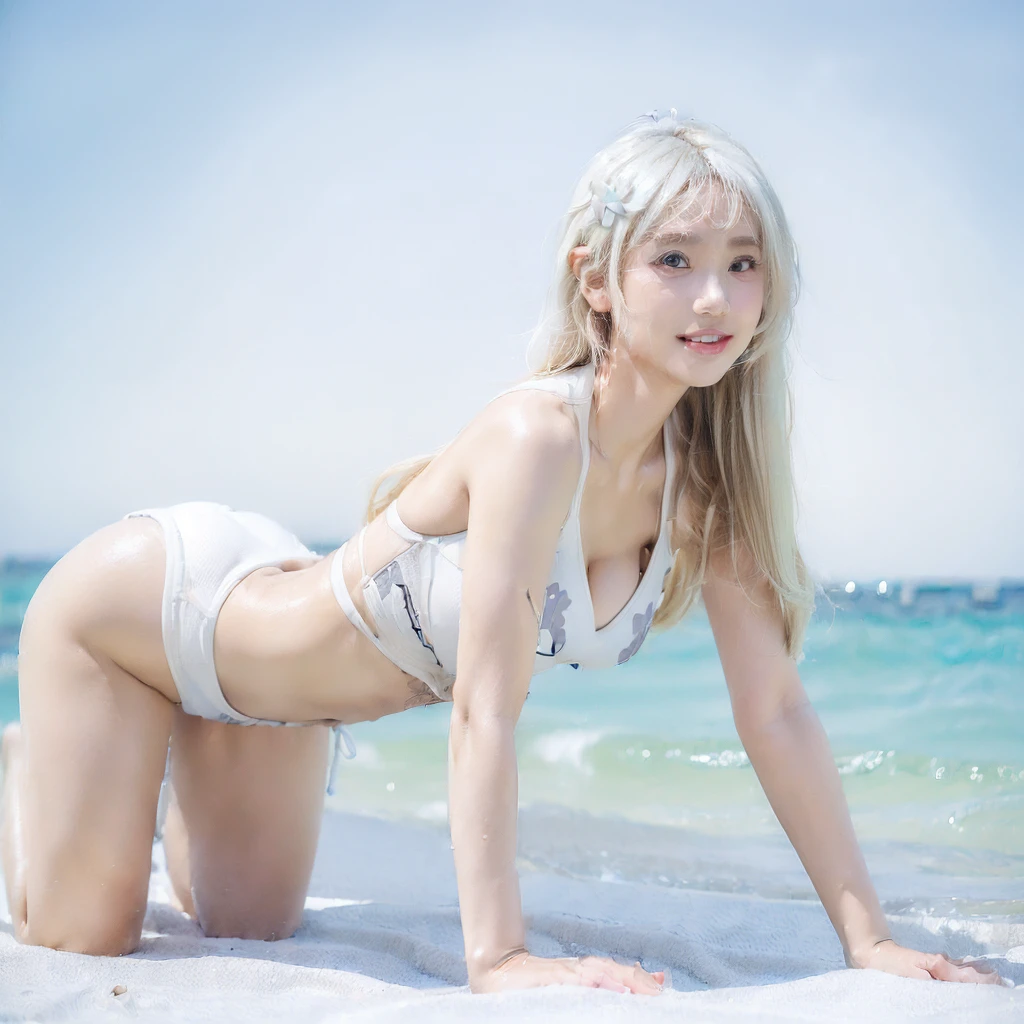 (8k, RAW photo, best quality, masterpiece:1.2), (realistic, photo-realistic:1.4), (extremely detailed 8k wallpaper), sharp focus, depth of field, blur background, bokeh, cinematic lighting, soft light, upper body, 20 years old cute actress on the beach.long blond hair, No bangs, (white micro bikini: 1.5), smile, full body, from behind ,Beautiful and detailed、Big eyes,Long eyelashes:1.35,Natural color lip, Bold sexy pose, beauty, Supermodel body type,10 heads,Detailed face,Very detailed eyes,Beautiful attention to detail ,Very detailed skin ,Glowing Skin,Perfect Anatomy,Tall Woman(show your butt hole:1.3)She is on an empty beach, nude, (stick out butt:1.3), (show your butt hole:1.8), crawling position on their hands and knees