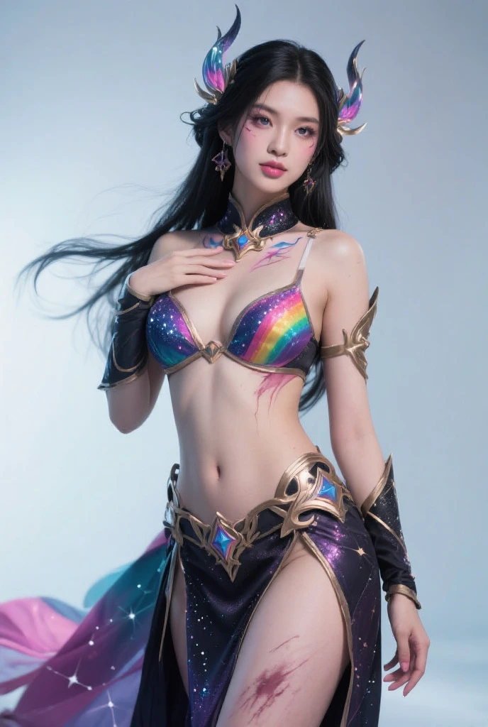 (fractal art:1.3), (colorful colors), highest detailed, 1girl, perky breasts, (crystal feather armor), makeup, red lips, necklace, earrings, pale skin, the creamy smooth skin, wide pelvis, fighting stance, (upper thighs shot:1.3), Rafael Albuquerque, art _style, (masterpiece, top quality, best quality, official art, beautiful and aesthetic:1.2), extreme detailed,