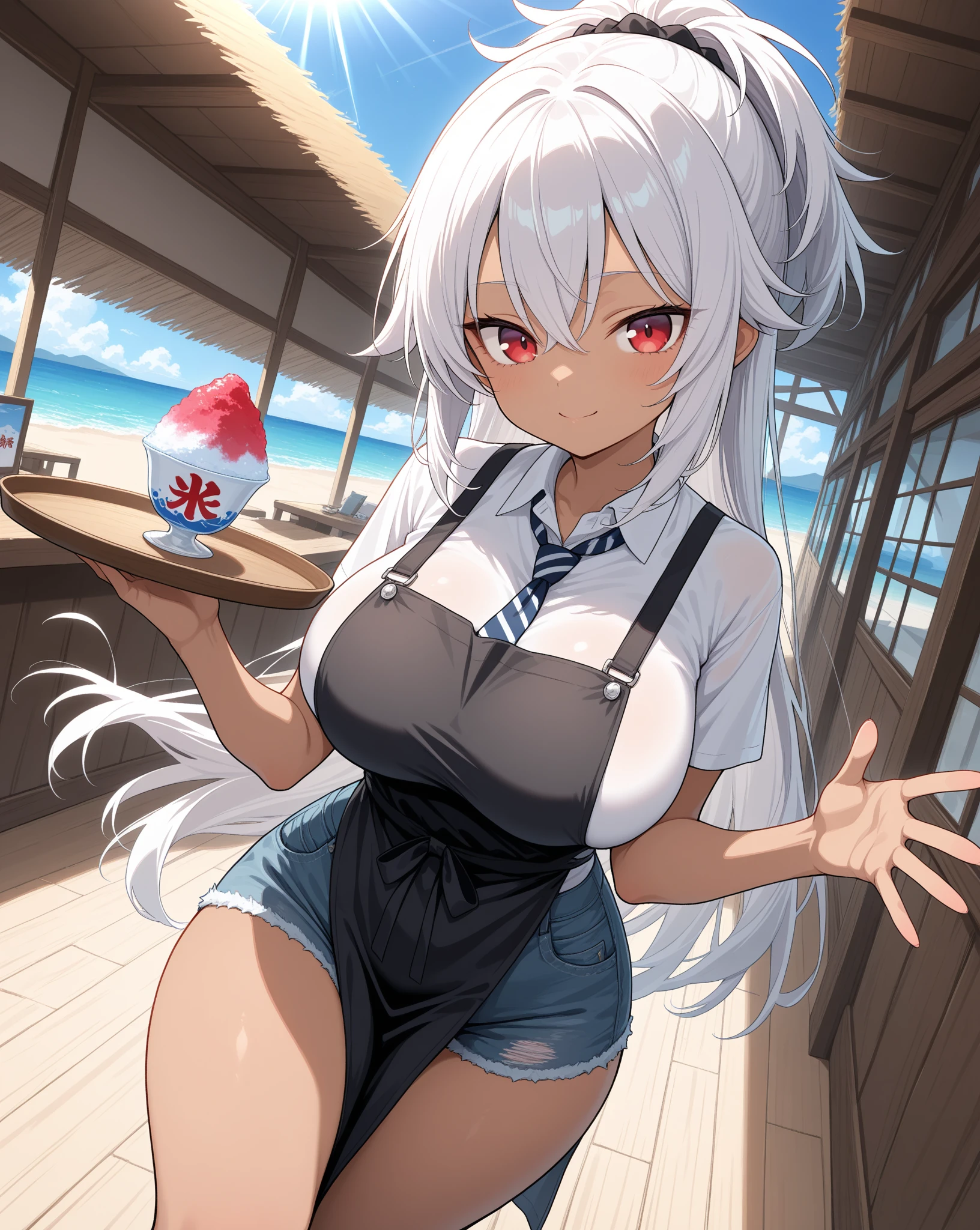 (Best Quality, Masterpiece),sexy mommy, Front cover of a women's cooking magazine, naked,  erotic, 18+, nsfw, 1girl, 30 years old, stunning, cute, smile, hourglass figure, Maid costume, beautiful food, text, diagrams, advertisements, magazine title,                                                                                      long white hair,red detailed sparkling eyes, rabbit ears ,One strand of hair hangs down over his forehead