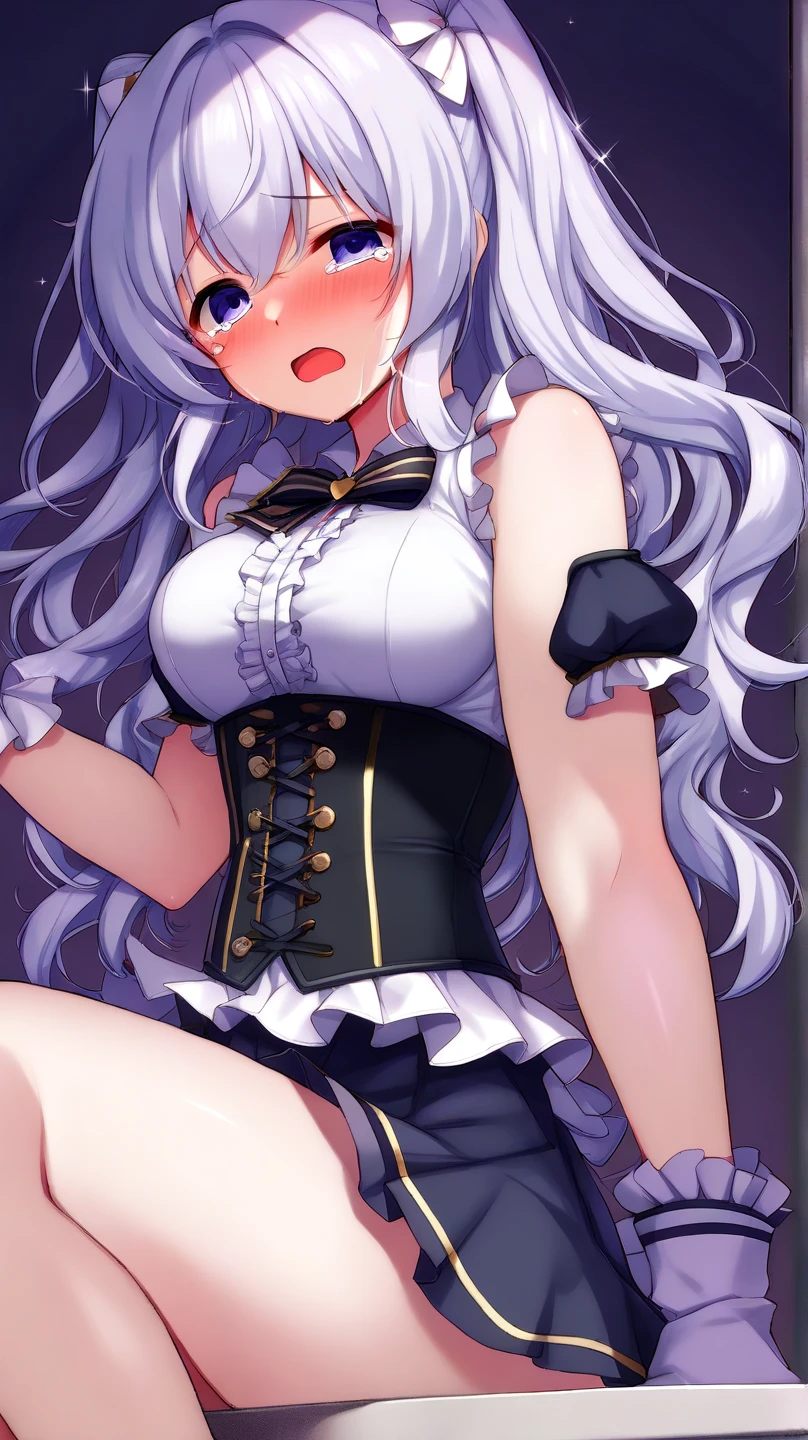 Highest quality、masterpiece、high resolution、8k、High resolution、(((Stretch your legs and show your butt、Big Breastaid clotheini skirt、Beautiful beauty、Long white hair、((whole body))、(((Photo taken from below)))、city、Royal Family、Panties are black lace、Silpha、tall、Model-like body、slender、Long limbs、Hairstyle: Long hair、tall、Big Breasts、Beautiful belly button、Sexy pose、Hairstyle: Ponytail