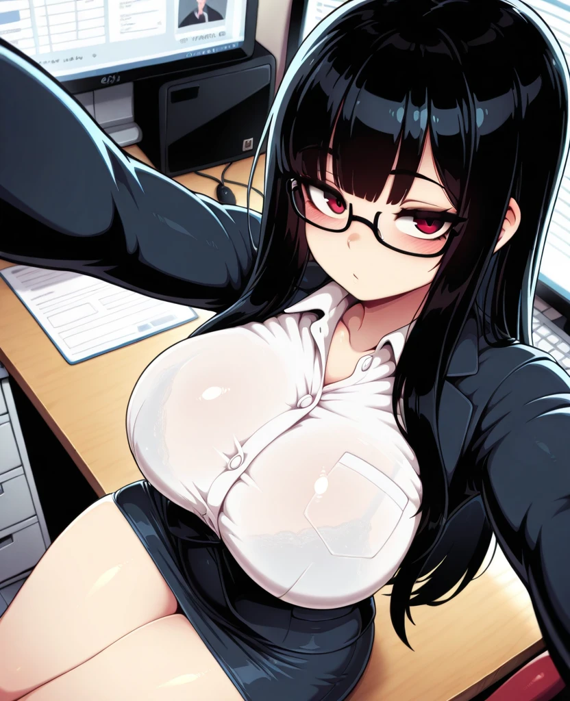 blush, smileglowing aura, natural light, masterpiece, glossy skin, juicy lips , ,sexy, hot, , cleavage, evil,juicy lips, bimbo, hour glass, indigo black hair, wide eyes, green eyes, massive , dark lighting, long hair, white bow, platform shoes, bow in hair, golden round glasses, indigo black hair, ((office outfit)), big , smile, pony tail, collared shirt