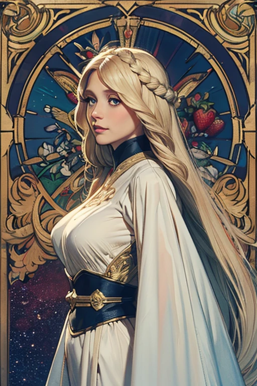 A beautiful young woman with long golden hair and dark eyes that shine like the night sky, pale ethereal skin, wearing a flowing silk dress decorated with delicate magical patterns, exuding grace and powerful presence, realistic, photorealistic, ultra-detailed, masterpiece, 8k, hdr, cinematic lighting, fantasy art, digital painting