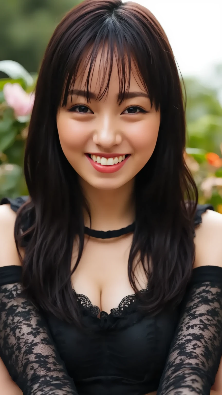 最high quality, 8k, Vibrant, Sharp focus, high quality, High resolution, Middle-aged women, Mature Woman, 5, (Whole Body Ezbian), (High heels face detail, Highly detailed eyes, Plump figure、Plump face、((big 1.6))、(((Large Breasts)))、((Black leather clothing))、garden、Random Hairstyles、A kind smile、