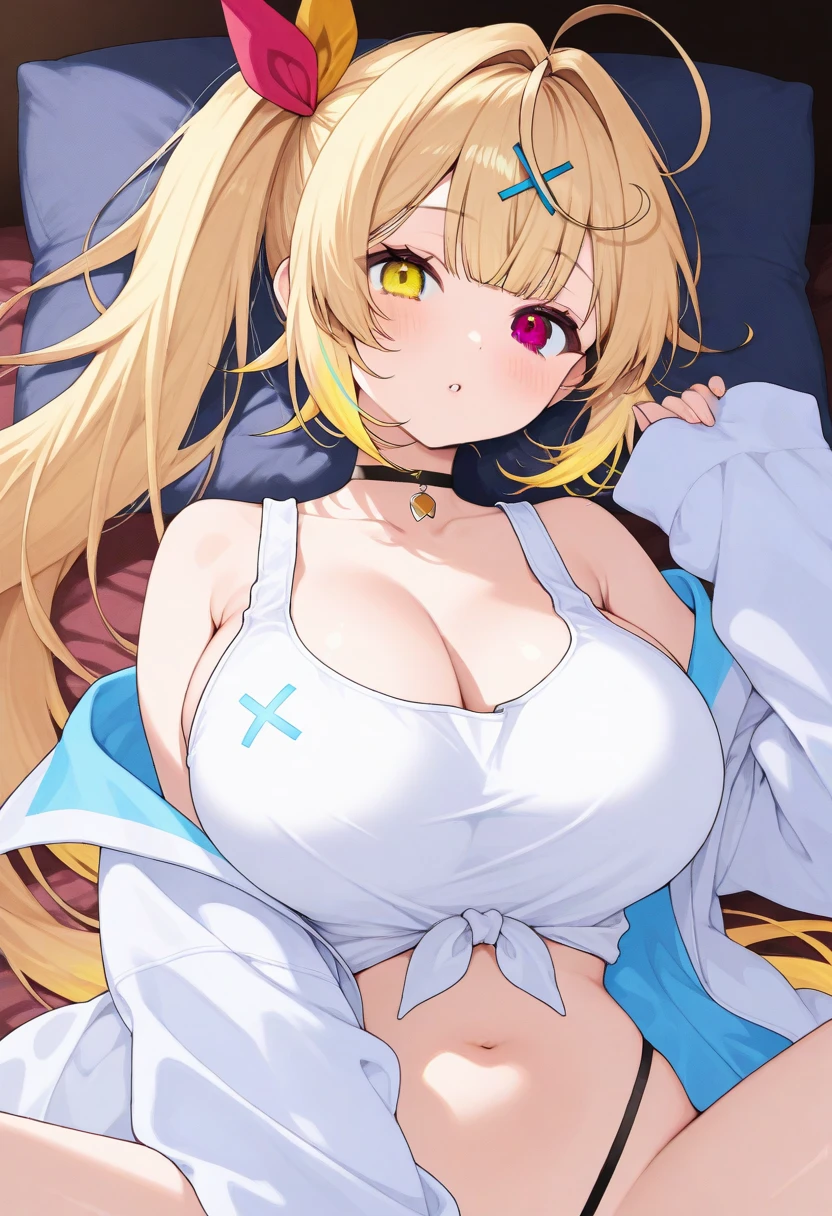 16k ultra-fine CG wallpaper, masterpiece, Excellent image quality, Ultra-delicate), (Excellent lighting, Delicate and beautiful), Really smooth skin, Bright face, 18K close-up perfect display, Change, Lovely, Girl wearing delicate hollow shirt and underwear, Lying on the big white bed, Colorful jewel-like eyes.Posture,Large Breasts,Golden ratio figure,Perfect body, Ancient mysterious figure, mystical atlantean valkyrie, Mysterious Valkyrie,