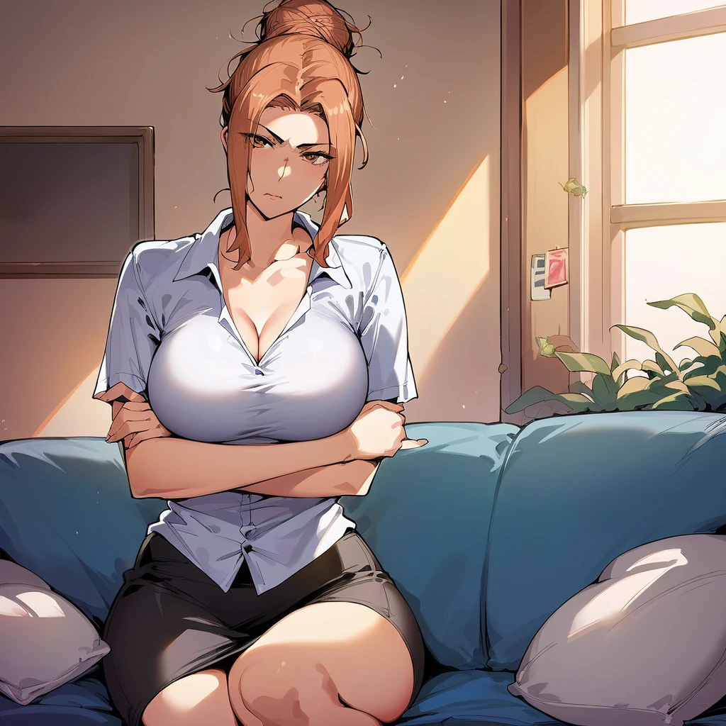 score_9, score_8_superior, score_7_superior, translator,One girl,Messy hair bun,Large Breasts、View your viewers,Curvy, sauce_anime,Front view,shirt,Business Skirt、Bedroom