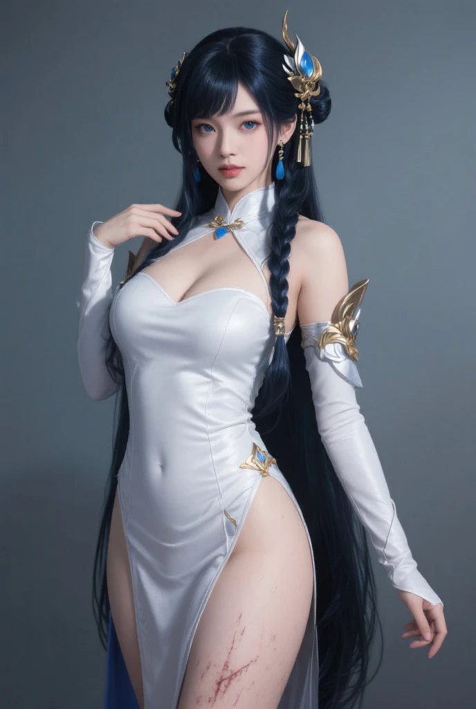masterpiece、1 beautiful girl、Beautiful Eyes、Puffy eyes、highest quality, 超High resolution, (reality: 1.4), Cinema Lighting、Japanese、Asian Beauty、Korean、so beautiful、Beautiful Skin、Body facing forward、Face close-up、(超reality的な)、(High resolution)、(8k)、(Very detailed)、(美しくBeautiful Eyes)、(Very detailed)、 (wall-)、Detailed face、Bright lighting、Professional Lighting、Looking at the audience、Look straight ahead、Diagonal bangs、Bright light Blue Hair、Nogizaka Idol、Korean Idols、Fiery idol pose、、Age 25、masterpiece, highest quality, Very detailed, shape, Sage_(dq3), 1 girl, (holding staff, staff:1.3), alone, Long Hair, Blue Hair, Circlet, Red eyes,Small breasts, Yellow gloves, White Dress, belt, Cape, boots, Cleavage, Exposing shoulders, ((Panties are visible)), Are standing, Upper Body, Grass, Wind lift, Simple Background, White Background