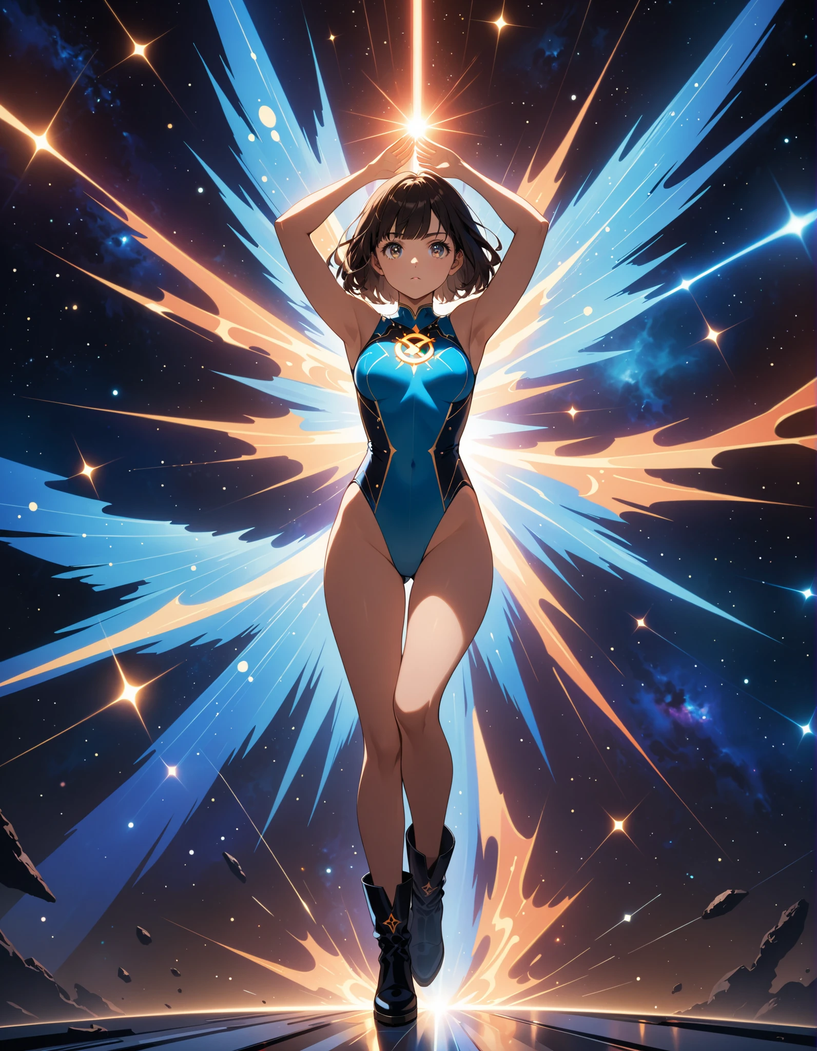 Space, endless and cold space, thousands of stars and galaxies, the Milky Way, stars, cosmic music, girl symbol of the planet Mars, queen of Mars super quality, super detail, Black bikini, Sad emotions,1girl,black hair,red eyes,no clothes,medium breasts,legs in the air, NSFW,