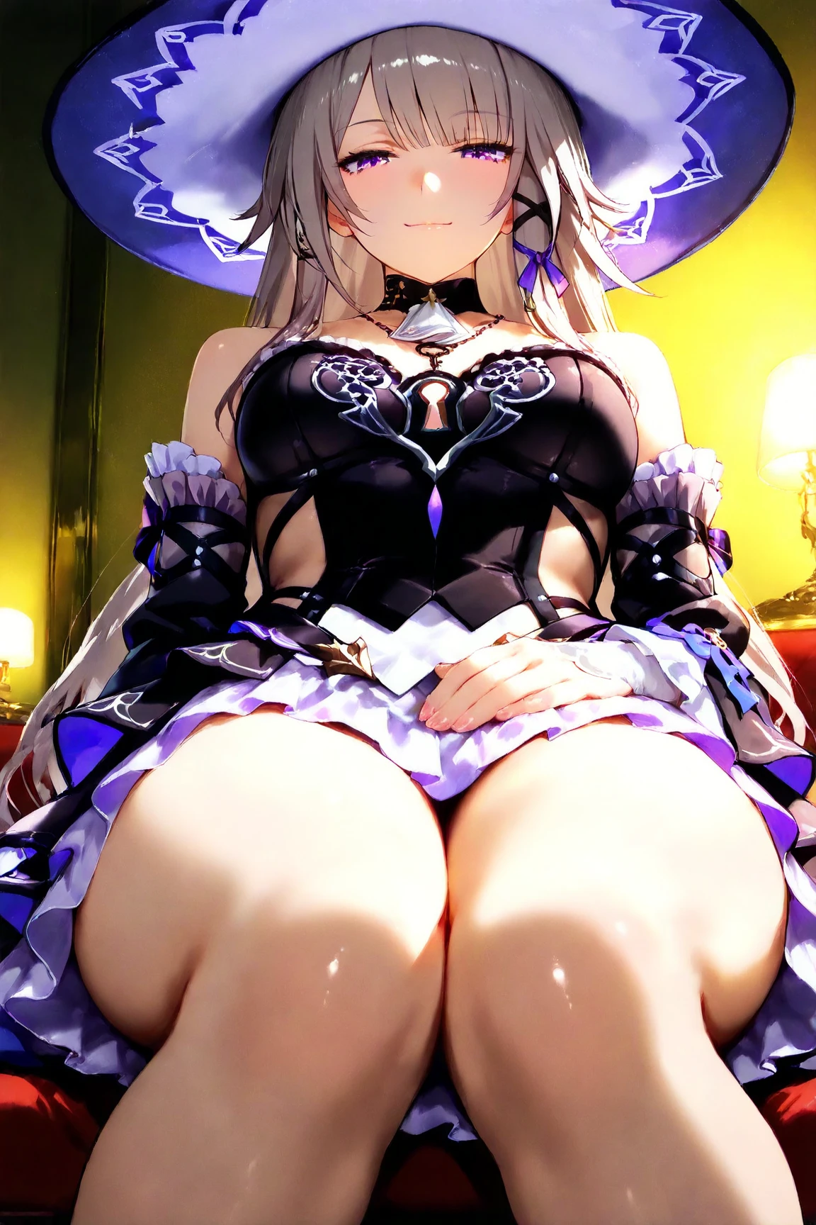 nsfw, nun, best picture quality, 8K, high quality, masterpiece:1.2), ((masterpiece)), (high detail, high quality, best picture quality), bokeh, DOF, portrait, (cute illustration:1.2), outfit-me, purple leotard, purple thigh high, cape, wand, kaleidoscope,armpits, embarrassed, blonde short hair, knee high boots, 