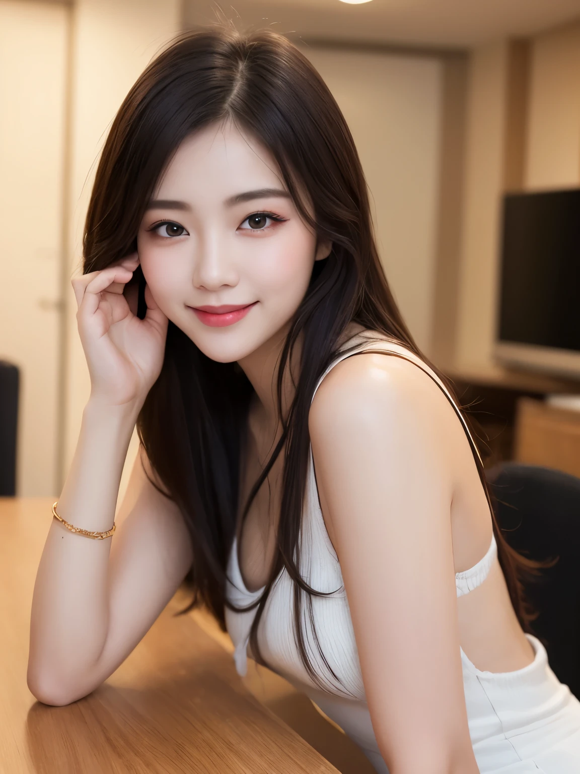 hair bobbles, wince, longeyelashes, solid circle eyes, light smile, ear blush, fang, ccurate, Surrealism, drop shadow, anaglyph, stereogram, tachi-e, pov, atmospheric perspective, 8k, super detail, best quality, UHD, retina, masterpiece, accurate, super detail, textured skin, anatomically correct, high details, best quality, highres, high quality, award winning,Arav woman sitting at the table,Holding a book and a stack of books, Korean Girl, beautiful south korean woman, gorgeous young korean woman, Young cute girl, beautiful young korean woman, Chinese Girl, Beautiful asian girl, Beautiful Chinese model, korean woman, A lovely young woman, Charming pose, An Asian woman, Attractive girl, Cute and elegant pose