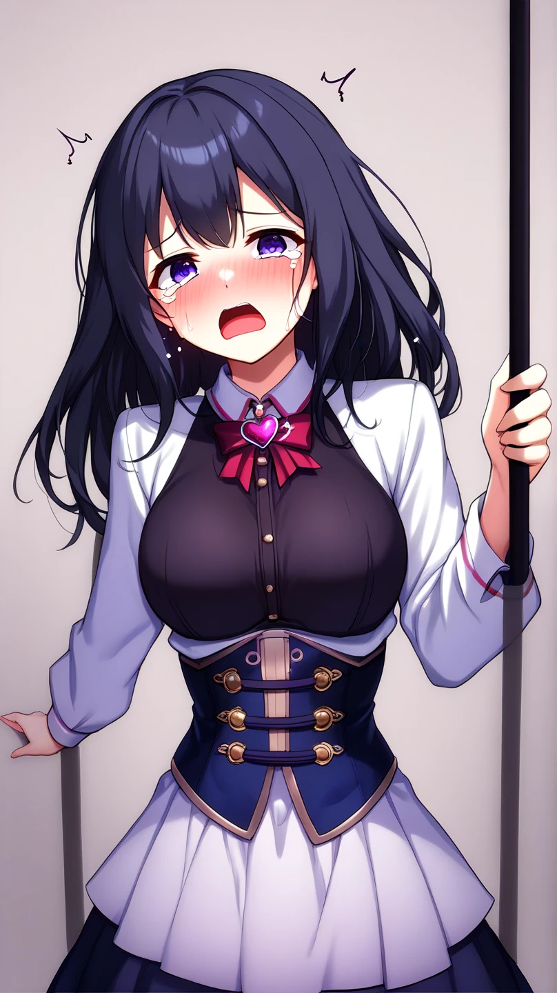 {Masterpiece, Best Quality, high resolucion, highly detaild, Best Illustration}, cowboy shots, 1Girl, Solo, yunyun, blush, Red Eyes, Black hair, Hair between eyes, Hair ornaments, hair bow, bow, red bow, Crown Braid, closed mouth, upright posture, pony-tail, hairclip, pectorals, Medium Tits, Pink skirt, White skirt, skirt, layered skirt, pleated skirt, miniskirt, Two-tone skirt, Tie, Pink tie, belt, indoors, cleavage, blazer, black jackets, Long sleeves, Standing, zettai ryouiki, thigh thighs, Pink thighs, Legs together, waving mouth, frown, sweatdrop