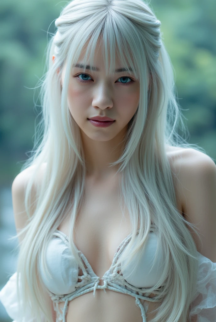 Expression of face、White dress、((infp young woman))、mirai_Aizawa、White hair、glamorous、huge tit、dual、Eyes are patchy、The nose is clear、Sexy