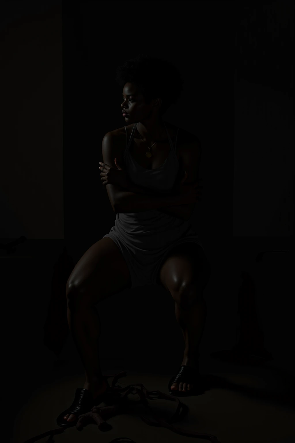 A cinematic masterpiece in black and white, a side angle shot captures a striking black woman, seated in a model pose, against an expanse of empty space. A single, bold red sphere sits in the background, the only color in this otherwise monochrome scene. The image, with its high-definition details, is rendered in ultra-HD resolution. The lighting, dramatic and poignant, adds a cinematic quality to the composition. This striking image, reminiscent of high-end CG Unity wallpapers, is a trending piece showcasing award-winning photography and intricate detailing, fitting perfectly for a 32k display.