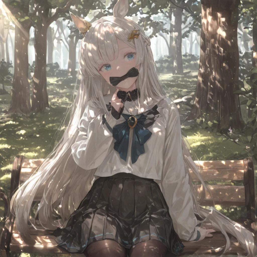 1girl, solo, long hair, white hair, dark skin, black clothing, plaid dress, frilled shirt, white shirt, long sleeves, pleated skirt, long skirt, black gloves, black footwear, black socks, frilled socks, plaid bowtie, bowtie in hair, 

devil horns, devil tail, hand on own face, sitting, leg focus, looking at viewer, low angle, outdoors, 

masterpiece, hires, best quality, amazing quality, absurdres, newest,