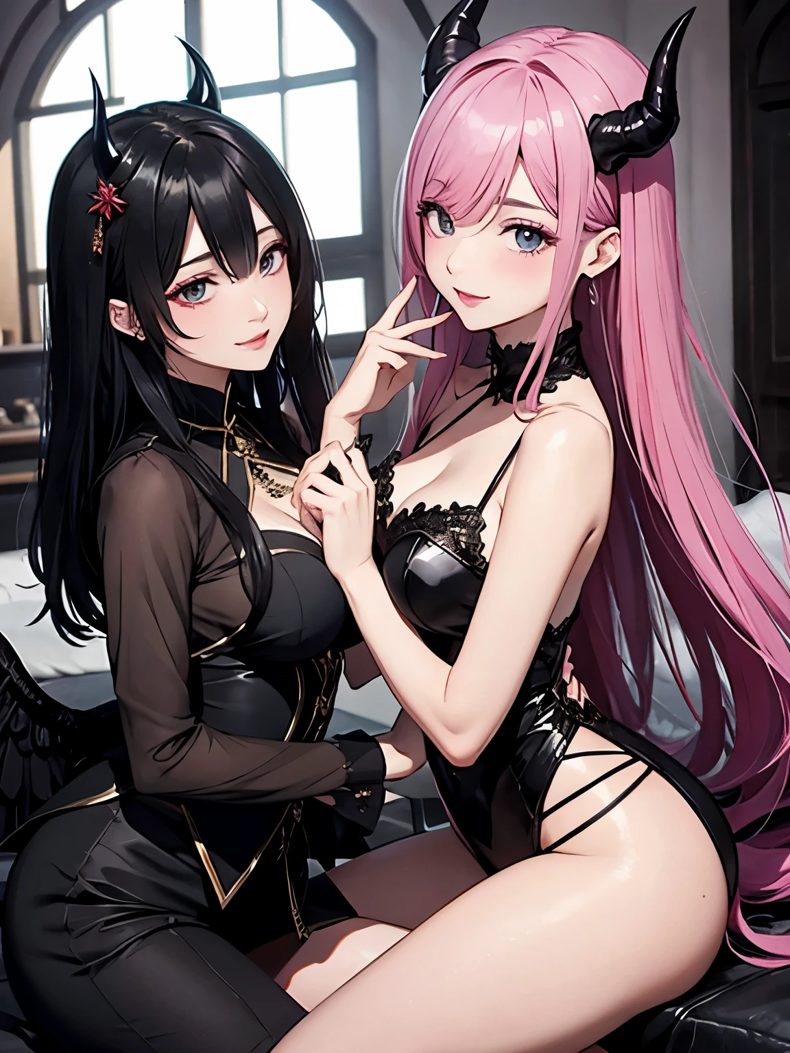 a seductive lady with long black hair that has blue eyes and devil horns and she is kissing/embracing another lady with pastel pink hair that has green eyes and cat ears
