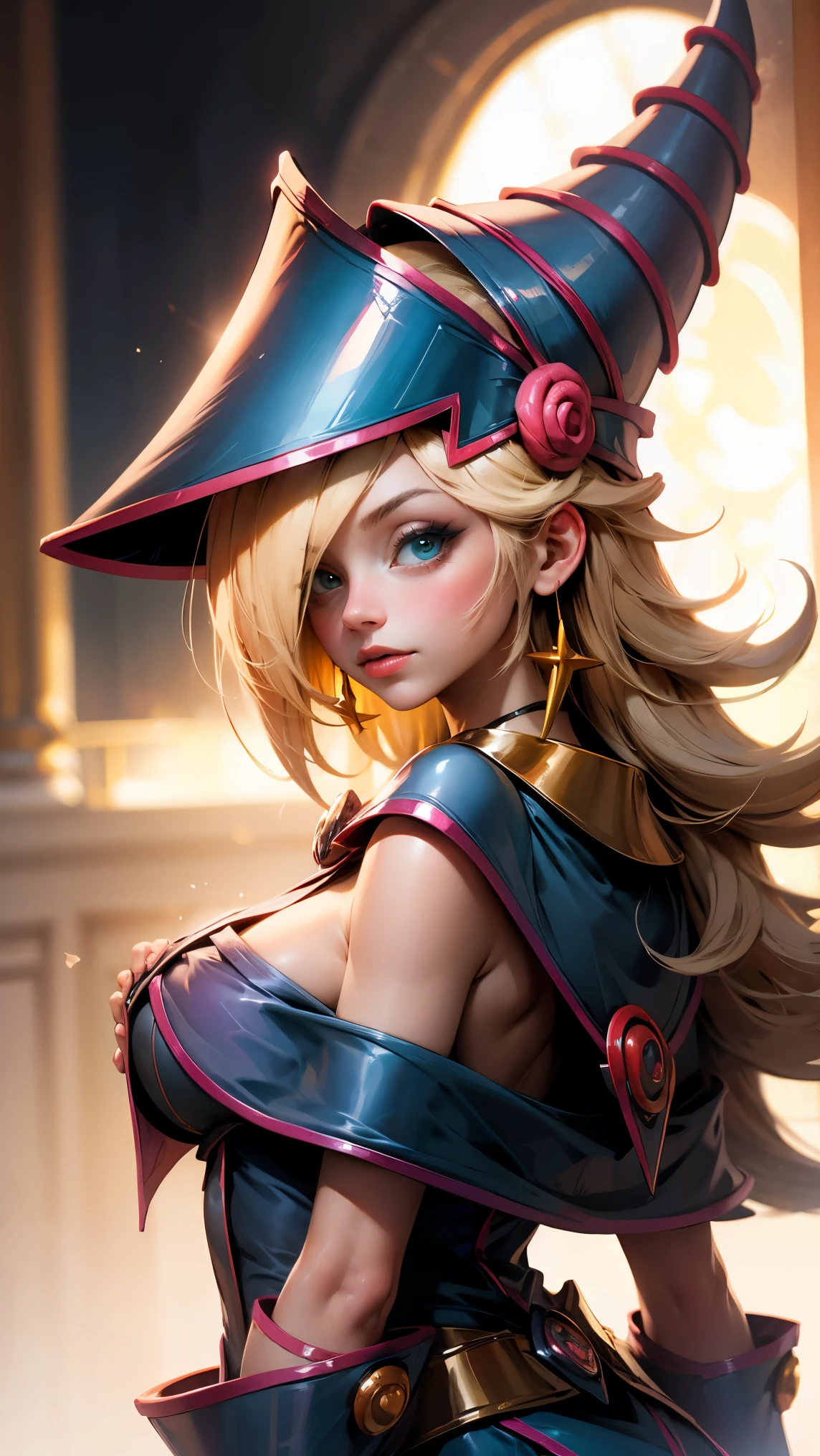 Half body shot. Beautiful face of Dark Magician girls. blue eyes. long and thick eyelashes.glass eyes, pink lips. blush on the cheeks. earrings. gold chain. Long blonde hair. flirtatious smile. Flirty eyes. pose sensual. big breasts.